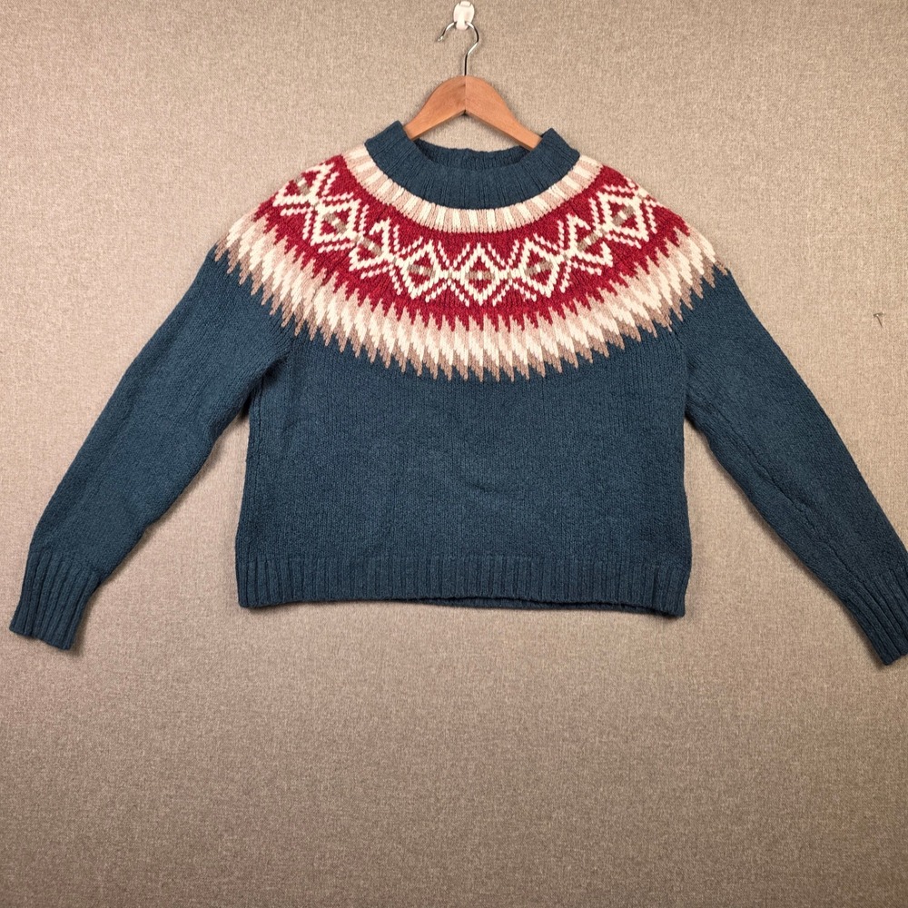 American Eagle Fair Isle Knit Sweater Teal Blue Red Mock Neck Pullover Large